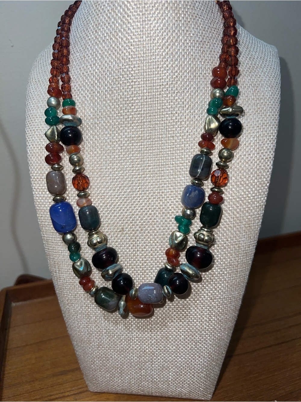 Multi strand BOHO style beaded necklace with natural stones.